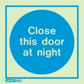 Jalite 5123A Photoluminescent Close This Door At Night Sign - Rigid PVC - 100 x 100mm