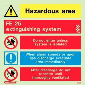 Jalite 6522E Hazardous Area FE 25 Extinguishing System Warning Photoluminescent Sign