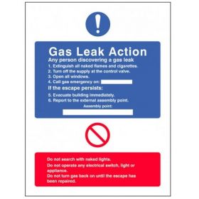 Gas Leak Action Sign - Rigid PVC - 200 x 150mm - 11431E