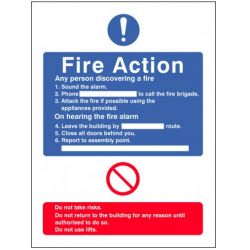 General Fire Action Sign With Lift Information 