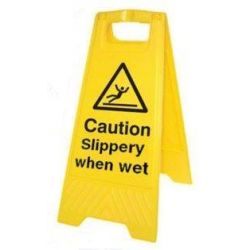 Caution Slippery When Wet Standing Warning Sign - Yellow